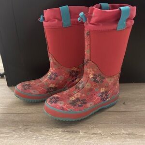 Cougar Girls Coral Pink Floral Rain Boots with Teal Trim